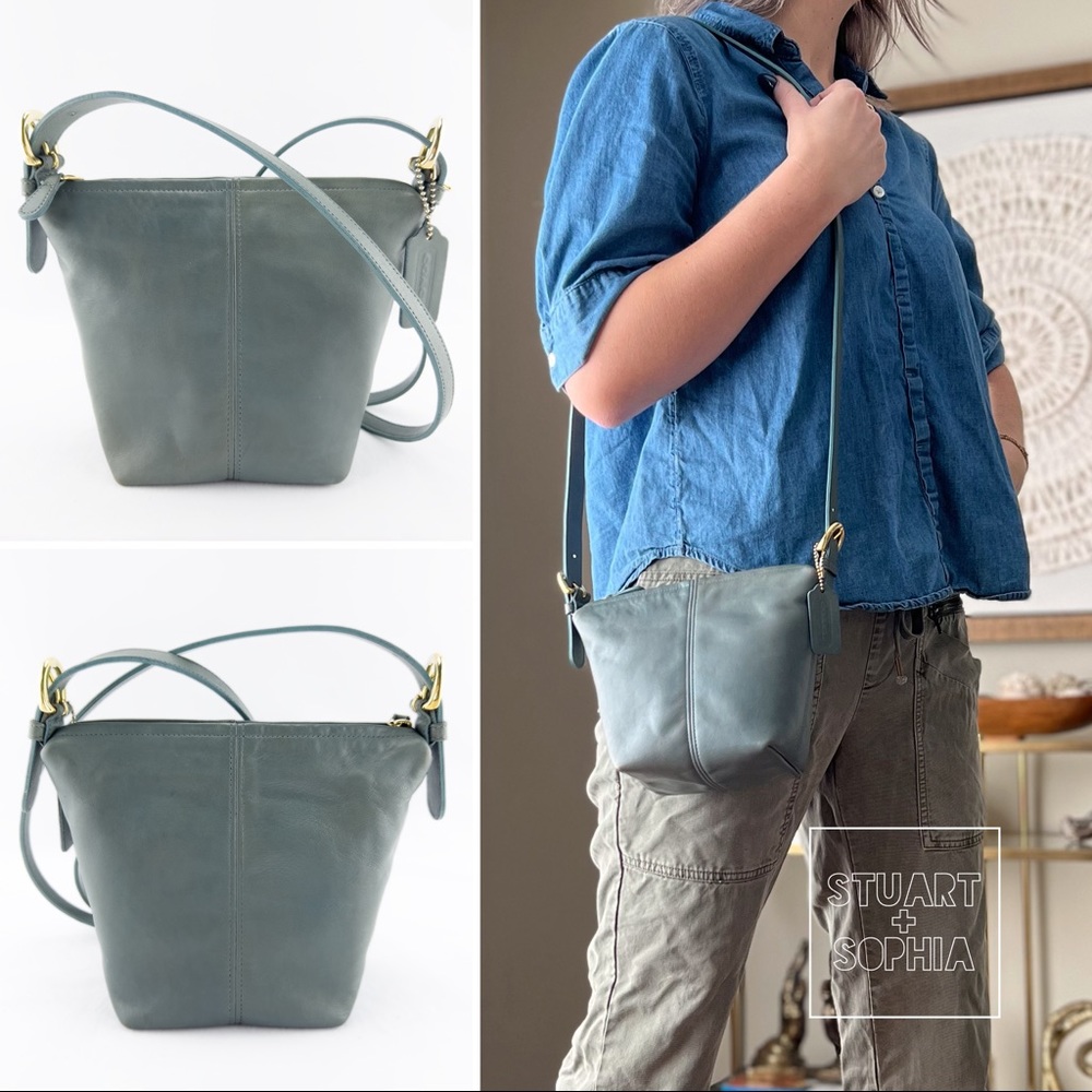 Vintage 90s Coach Leather MacDougal Zip 4130 Crossbody Bag Blue Green w/ Brass